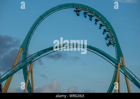 Orlando, Florida. August 31, 2019. People enjoying loop in amazing Kraken rollercoaster at Seaworld Stock Photo