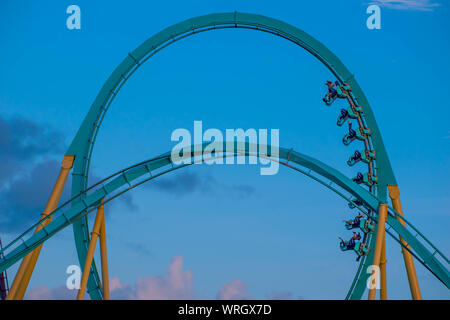 Orlando, Florida. August 31, 2019. People enjoying loop in amazing Kraken rollercoaster at Seaworld Stock Photo