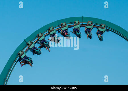 Orlando, Florida. August 31, 2019. People enjoying loop in amazing Kraken rollercoaster at Seaworld Stock Photo