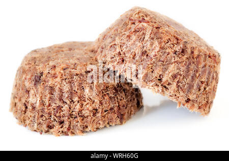 Homemade plain with salt beef meat and liver pemmican isolated on white, front view Stock Photo