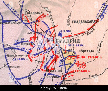 Madrid defense. Map of Civil War and German-Italian intervention in Spain,  (October 1936 - March 1939), Stock Photo