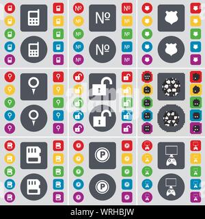 Mobilephone, Number, Badge, Checkpoint, Lock, Ball, SIM card, Parking, Game Console icon symbol. A large set of flat, colored buttons for your design. Vector Stock Vector