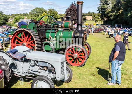 Green steam engine at a classic car show, Hinton Arms, Cheriton, Hampshire, UK Stock Photo