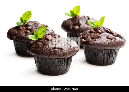 Four  chocolate muffins isolated on white decorated with mint leaves Stock Photo