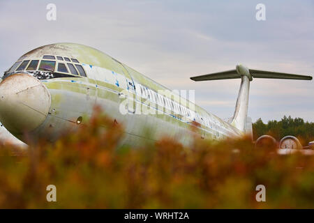 Old, shabby military transport, cargo plane close-up. Stock Photo