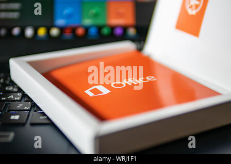 Bangkok, Thailand - July 17, 2019: Logo of Microsoft Office software on the product key package. Stock Photo