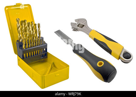 Drill, Spanner and chisel isolated on white Stock Photo