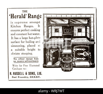 Early 1930's, 'tween the wars print advertising for the Herald Cast Iron Kitchen Range.  Victorian and Edwardian coal-fired kitchen ranges still existed in many old houses until the 1960s and 70s and even later. They came in many shapes and sizes, suitable for different sized rooms, different sizes of families and different types of cooking. Stock Photo