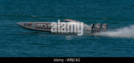 Michigan City, Indiana /  USA:  08/3/2019  Great Lakes Grand Prix Team JackHammer Superboat with wake. Stock Photo