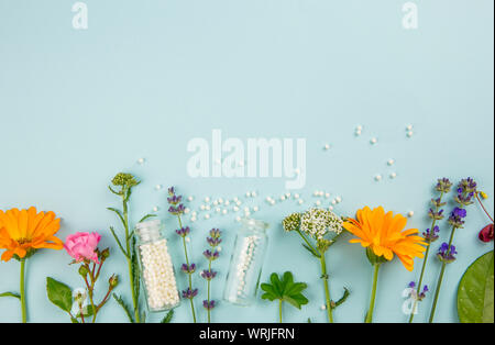 Flat lay view homeopathic medicine pills in jars and spilled around on light blue background, decorated with fresh various herbs and plants, flowers. Stock Photo
