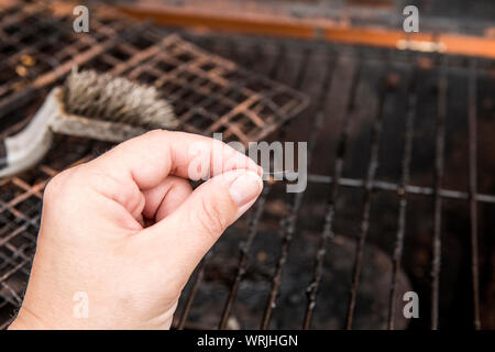 Person hand show loose bristle form bristol grill cleaning brush. Danger when it sticks to meat and person accidentally swallows it. Digestion damage. Stock Photo