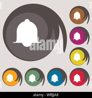Alarm bell sign icon. Wake up alarm symbol. Speech bubbles information icons. Symbols on eight colored buttons. Vector Stock Vector