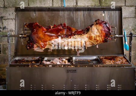 pig being spit roasted in a metal casing Stock Photo