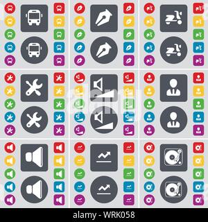 Bus, Ink pen, Scooter, Wrench, Volume, Avatar, Sound, Graph, Gramophone icon symbol. A large set of flat, colored buttons for your design. Vector Stock Vector