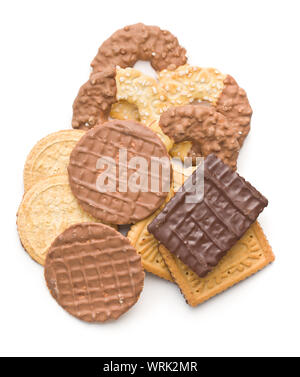 Different types of sweet biscuits isolated on white background. Stock Photo
