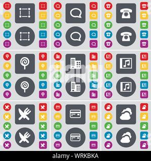 Frame, Chat bubble, Retro phone, Lollipop, Building, Music window, Fork and knife, Credit card, Cloud icon symbol. A large set of flat, colored buttons for your design. Vector Stock Vector