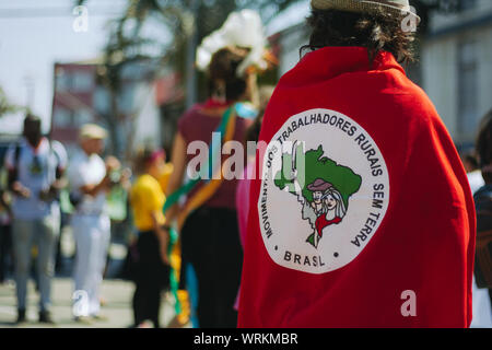 MST (movimento dos sem terra) red flag in a pro environment protest during the brazilian independence day Stock Photo