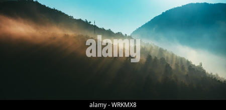 Mountains and morning fog over the forest Stock Photo