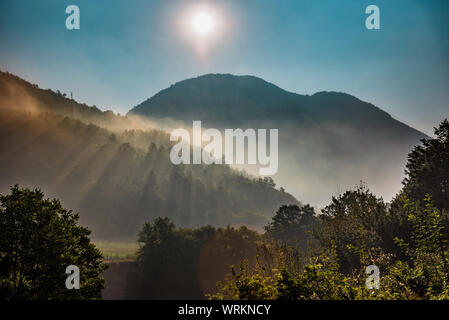Mountains and morning fog over the forest Stock Photo