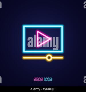 movie player simple luminous neon outline colorful icon on blue background Stock Vector