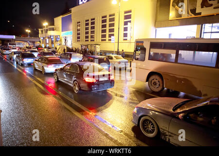 Evening traffic jam in Baku on one of streets in the downtown . Queue of cars on the street during the rush hour . Traffic jam in the rush hour . Stock Photo