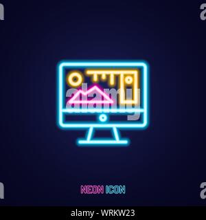 monitor interface simple luminous neon outline colorful icon on blue background Stock Vector