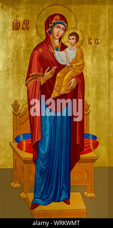 The icon of the Virgin Hodegetria (Our Lady of the Way). Part of the Iconostasis in the Greek Catholic church of Saint Elijah. Stock Photo