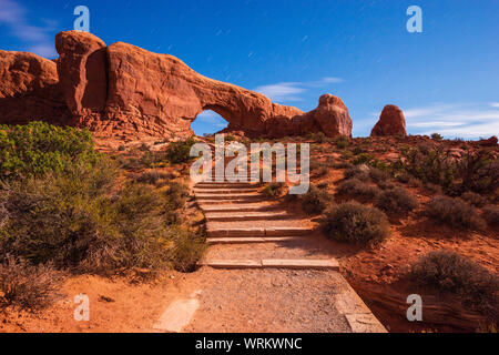 South Window Arch under moonlight in Arches National Park, Utah, USA Stock Photo
