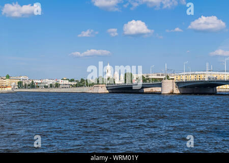 View from the Vasilievsky Island at Petrogradsky island with St. Vladimir's Cathedral and  bascule Tuchkov Bridge across Little Neva River Stock Photo