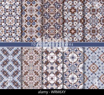 Vector set of ten seamless abstract patterns in shades of blue. Decorative and design elements for textile, book covers, manufacturing, wallpapers, pr Stock Vector