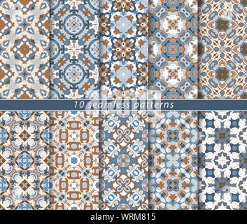 Vector set of ten seamless abstract patterns in shades of blue. Decorative and design elements for textile, book covers, manufacturing, wallpapers, pr Stock Vector