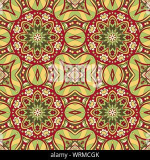 Seamless Mandala. Seamless oriental pattern. Doodle drawing. Hand drawing. Snowflake, floral motifs. Yellow and red colors Stock Vector
