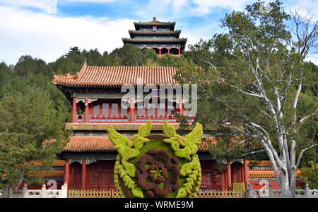 Old Chinese pavilions of Beijing Jingshan hill park created with soil excavated from the mound surrounding Forbidden City palace, China Stock Photo