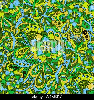Stylish national ornaments. Flower and wavy elements. Seamless art pattern. Green and yellow tones Stock Vector