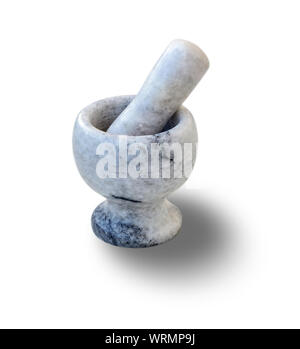 Stone mortar with pestle for manual grinding spices isolated on white background with shadow. Modern utensil made of natural marble or granite. Stock Photo