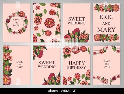 Wedding Set postcards, backgrounds, invitations in the same style. Floral ornament. Cover, Magazine, floral elements. Holidays, weddings, birthdays. D Stock Vector