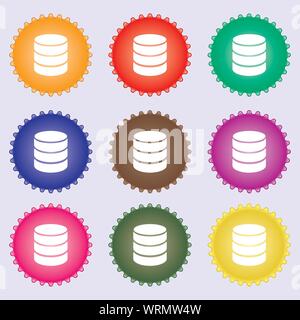 Hard disk and database sign icon. flash drive stick symbol. A set of nine different colored labels. Vector Stock Vector
