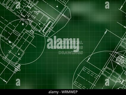 Blueprints. Mechanics. Cover. Mechanical Engineering drawing. Engineering design, construction. Green. Grid Stock Vector