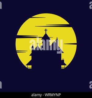 Yellow big moon silhouette with old castle for halloween background Stock Vector