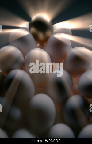 Single golden egg sitting on top of a pile of plain white eggs. Stock Photo