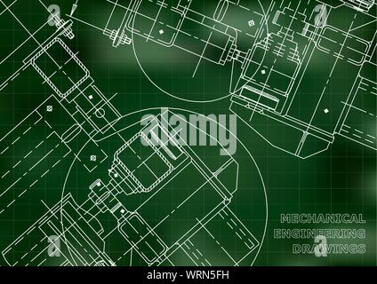 Blueprints. Mechanics. Cover. Mechanical Engineering drawing. Engineering design. Green. Grid Stock Vector