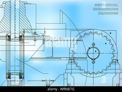 Engineering illustrations. Blueprints. Mechanical drawings. Technical Design. Banner. Blue Stock Vector