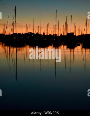 Calm, peaceful early morning sunrise in San Diego harbor and marina, with moored sailboats, San Diego, California, North America, USA Stock Photo
