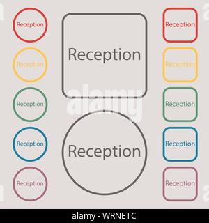 Reception sign icon. Hotel registration table symbol. Symbols on the Round and square buttons with frame. Vector Stock Vector