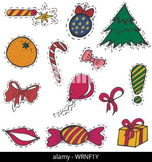 A set of fashion labels, badges for the New Year holidays. Christmas tree, gift, toys, candy, crackers. Vector figures on a white background. Every ob Stock Vector