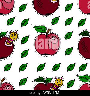 Seamless pattern in cartoon style. Apples, apple with caterpillar, green leaves. Children's background Stock Vector