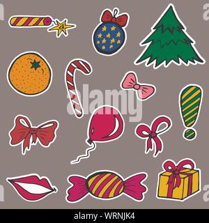 A set of fashion labels, badges for the New Year holidays. Christmas tree, gift, toys, candy, crackers. Every object on a separate layer Stock Vector