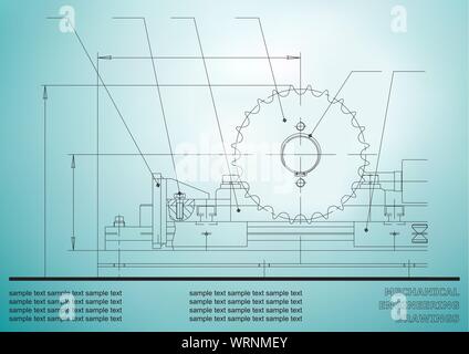Mechanical drawings on a light blue background. Engineering illustration Stock Vector