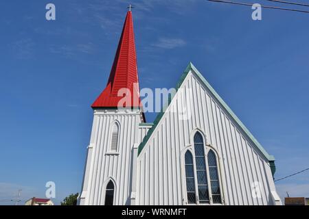HALIFAX, CANADA -20 JUL 2019- View of the picturesque St John’s Anglican Church, a historic Carpenter Gothic style church in Peggy’s Cove outside of H Stock Photo