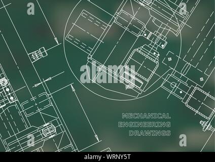 Mechanical Engineering drawing. Blueprints. Mechanics. Cover, background, banner. Green Stock Vector